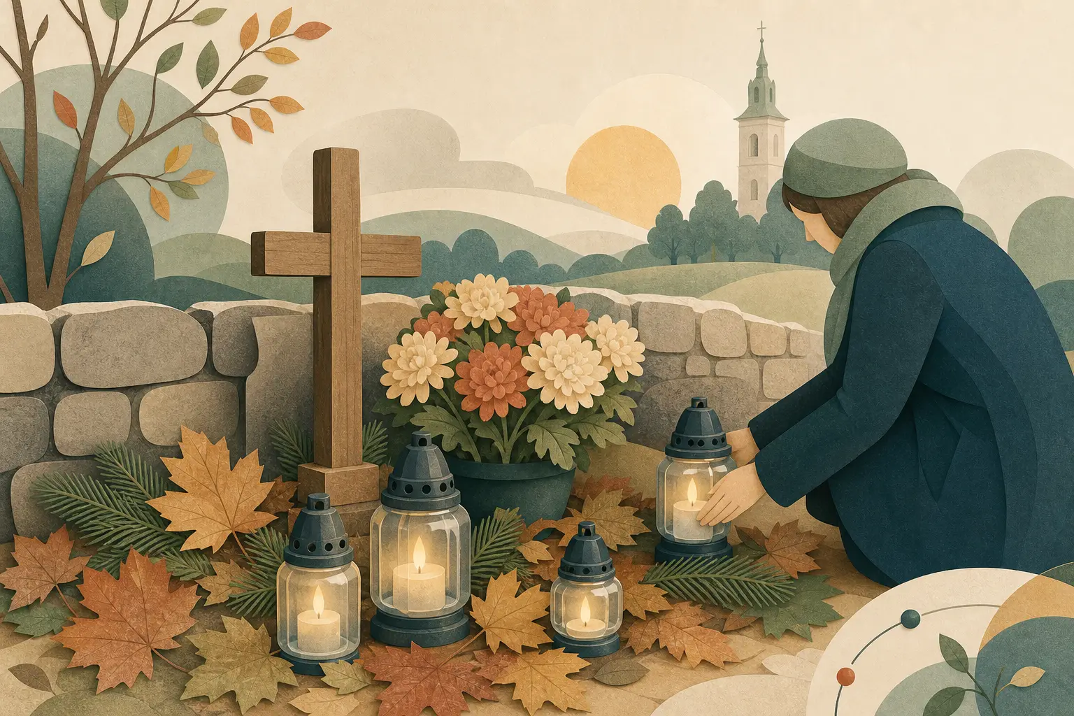 Rami Vėlinių nuotaika Lietuvos kapinėse: žvakės, kryžius, rudens lapai, pušų šakos ir tyli vakaro šviesa.