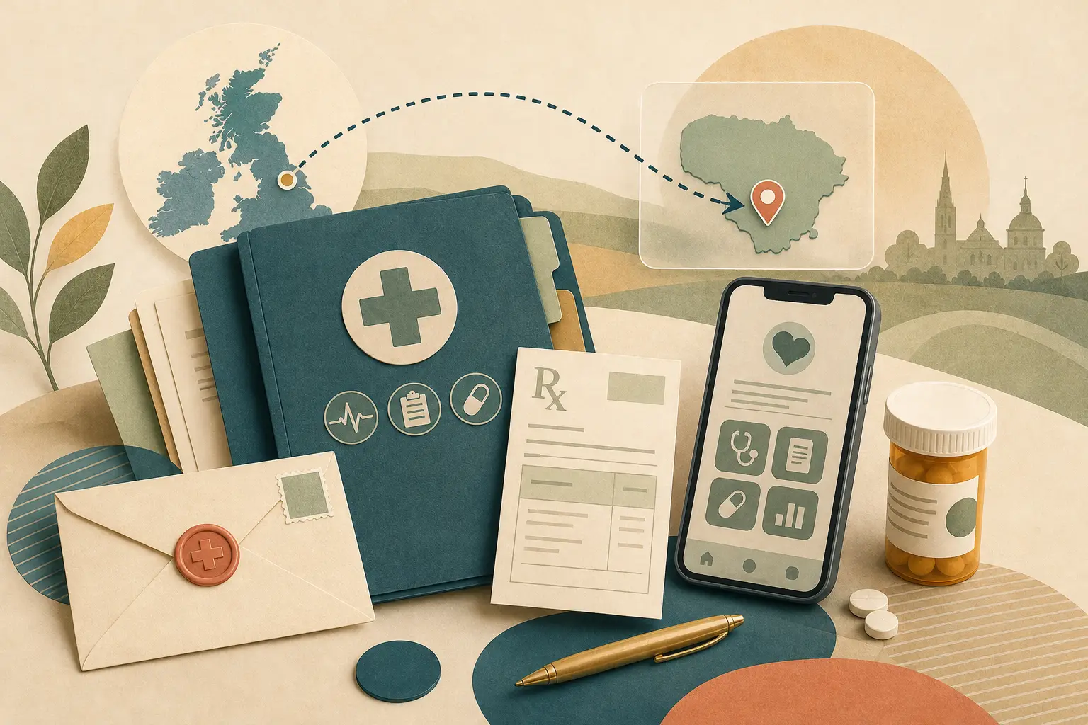 Lietuvis iš JK į Lietuvą perkelia medicininių įrašų aplanką, receptų sąrašą ir telefoną su NHS App, prie stalo matosi kelionės maršrutas ir vaistų dėžutė.