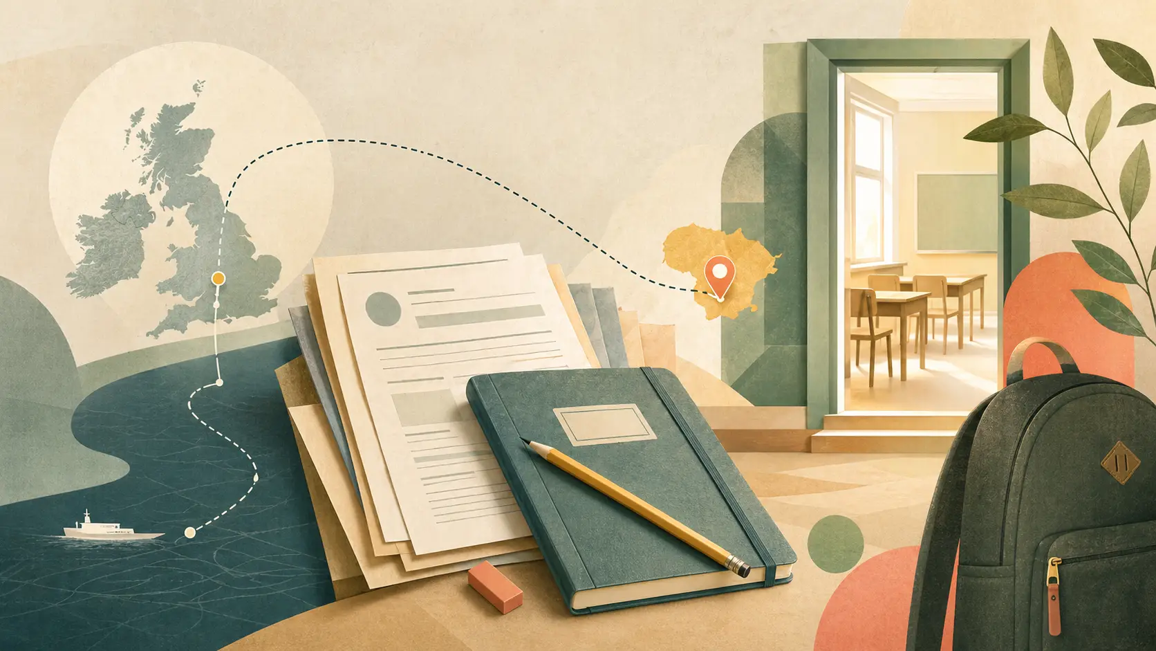 Abstrakti iliustracija apie vaiko grįžimą iš JK į Lietuvos mokyklą, dokumentus ir mokymosi adaptaciją