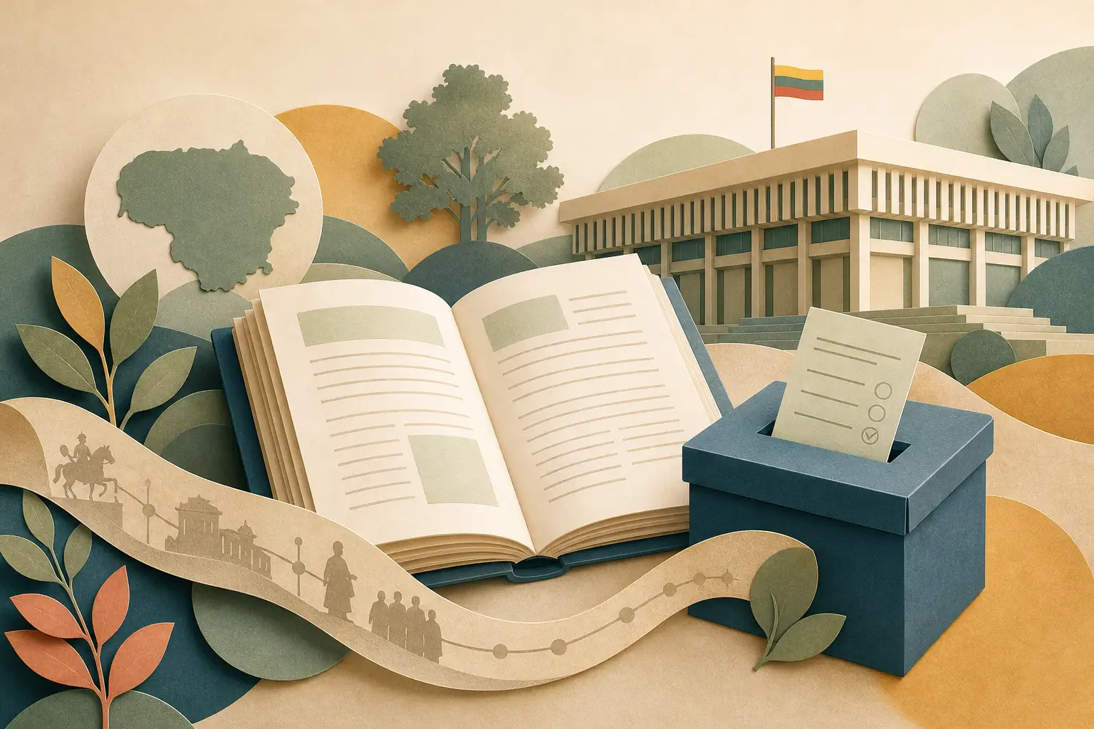 Lietuvos Konstitucijos atmintį simbolizuojantis editorialinis koliažas su atversta knyga, balsavimo urna ir valstybės rūmų siluetais