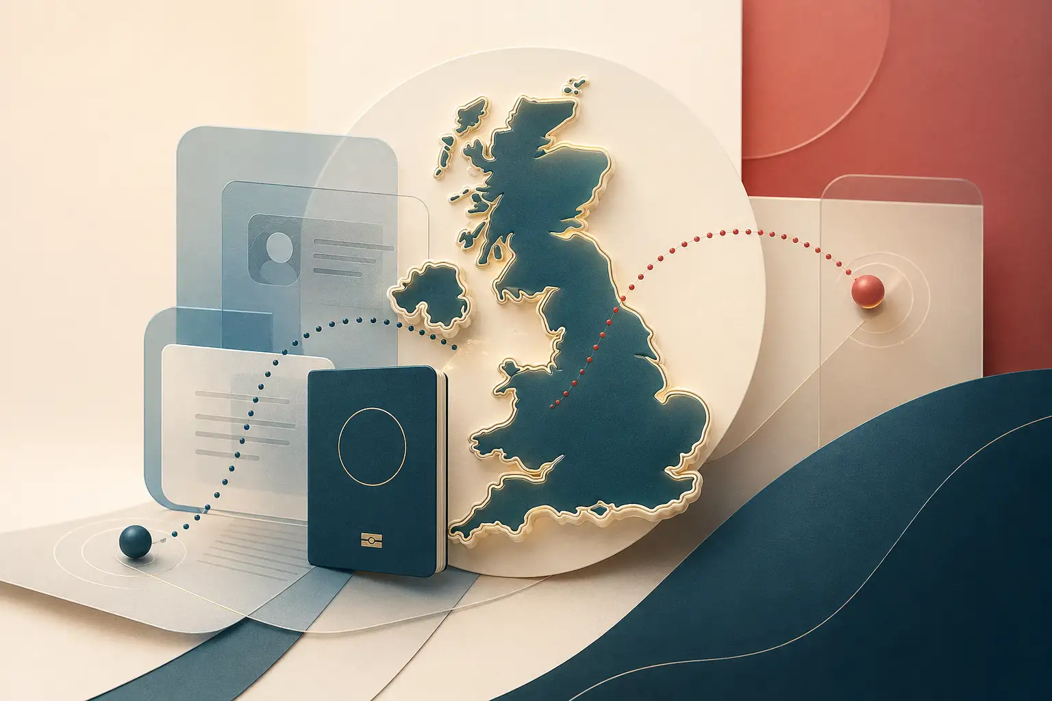 Abstrakti iliustracija apie pre-settled status, kelionę į JK ir skaitmeninį imigracijos statusą