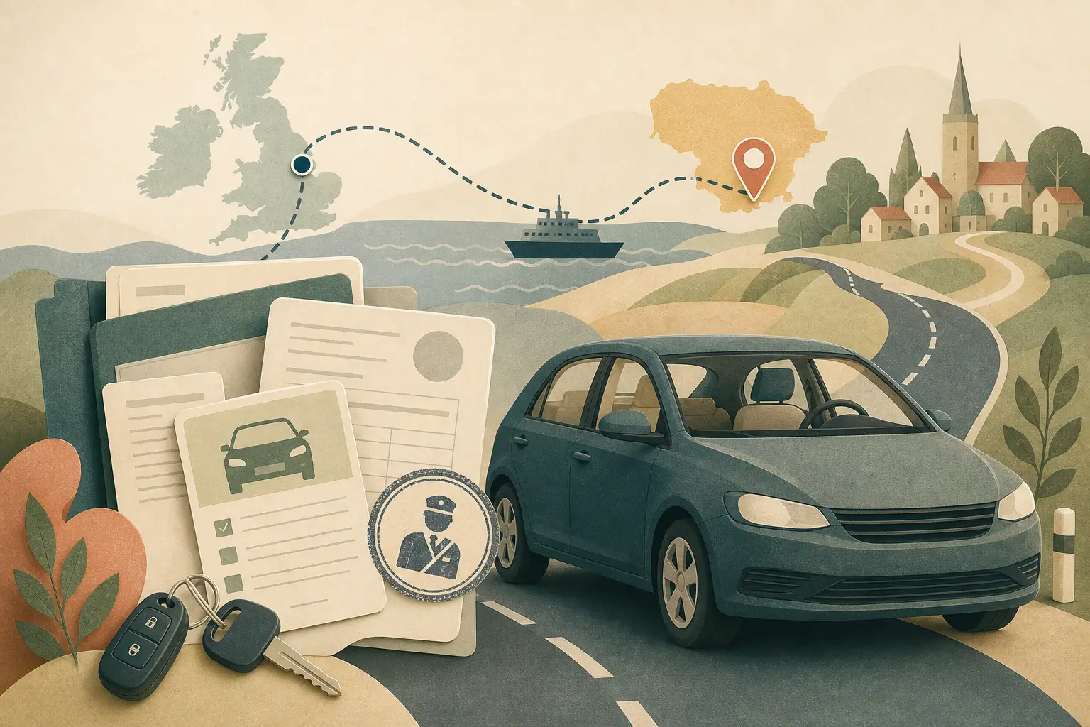 Automobilio parvežimo iš JK į Lietuvą schema su dokumentais, muitinės ženklu, techninės apžiūros lapu ir kelio kryptimi į registraciją