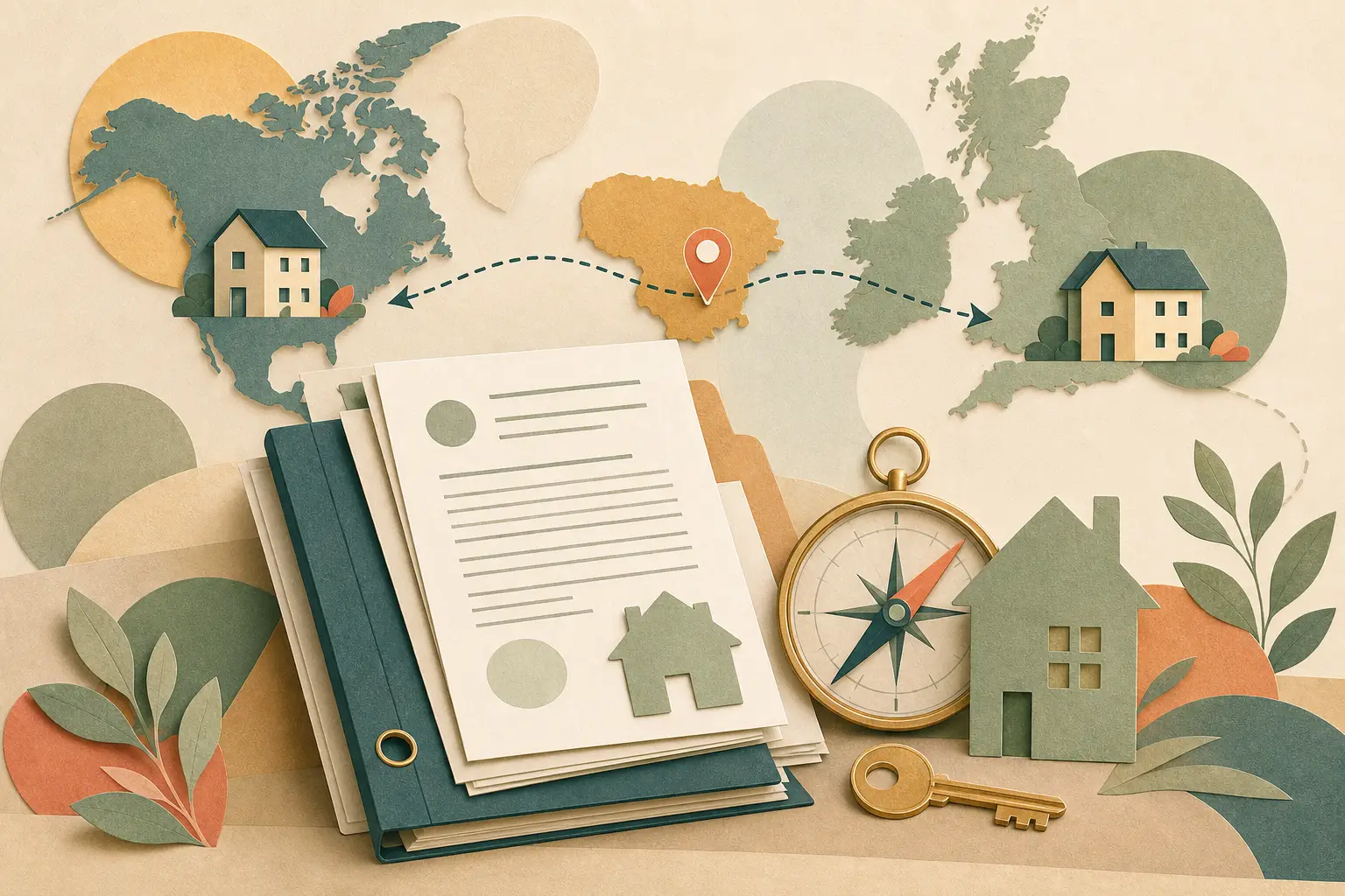 Ramios 2.5D koliažo stiliaus iliustracija apie testamentą tarp Lietuvos, JK ir JAV