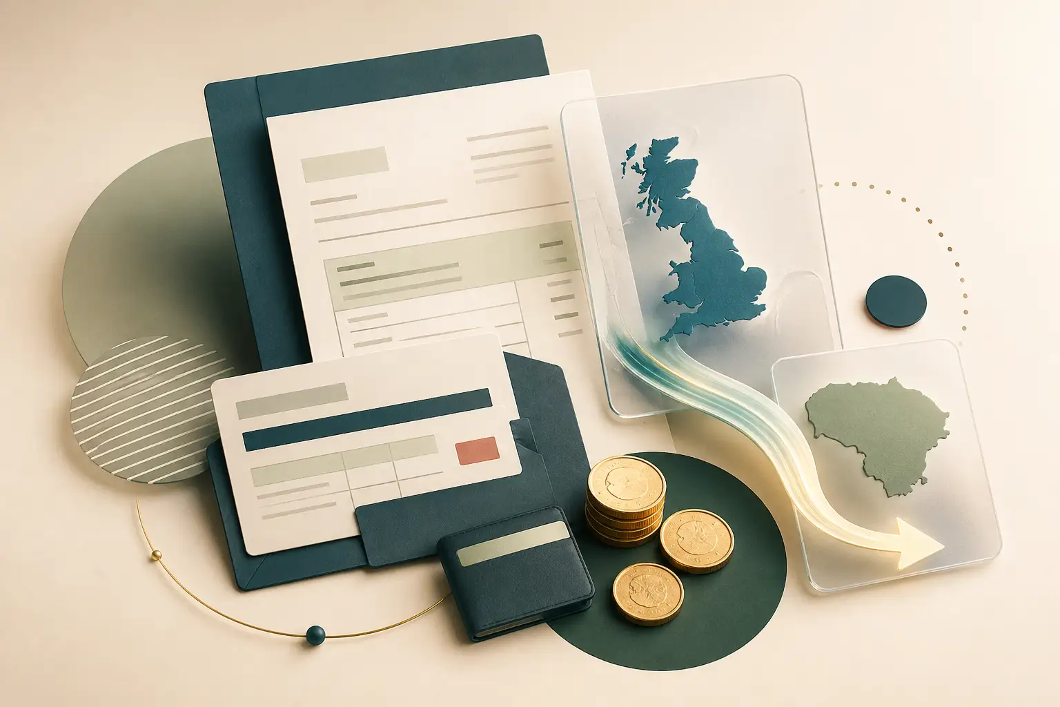 Abstrakti iliustracija apie HMRC mokesčių permoką, P45, P85 ir pinigų grąžinimą iš JK