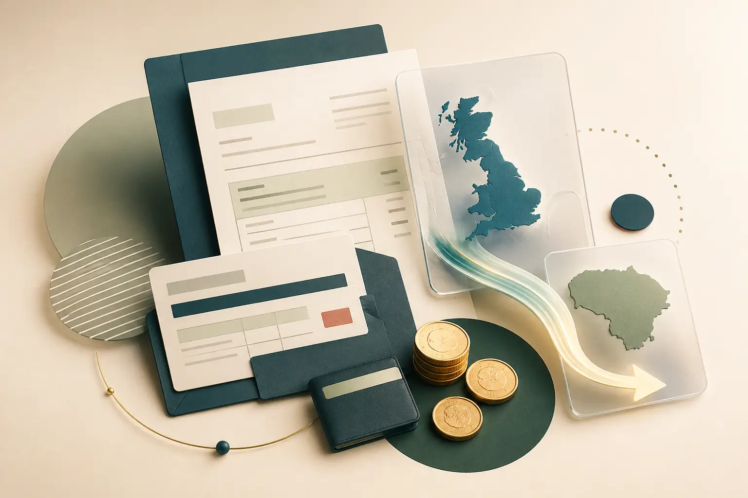 Abstrakti iliustracija apie HMRC mokesčių permoką, P45, P85 ir pinigų grąžinimą iš JK
