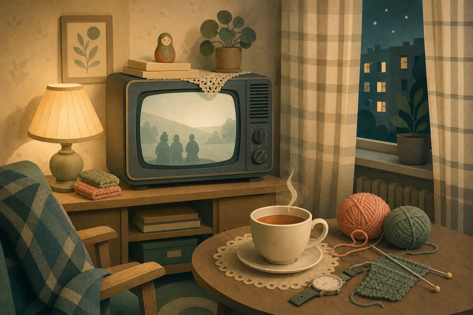 Šilta koliažinė scena su senu televizoriumi, šeimos kėdėmis ir nostalgijos objektais, primenanti vėlyvo sovietmečio televizijos vakarą Lietuvoje.