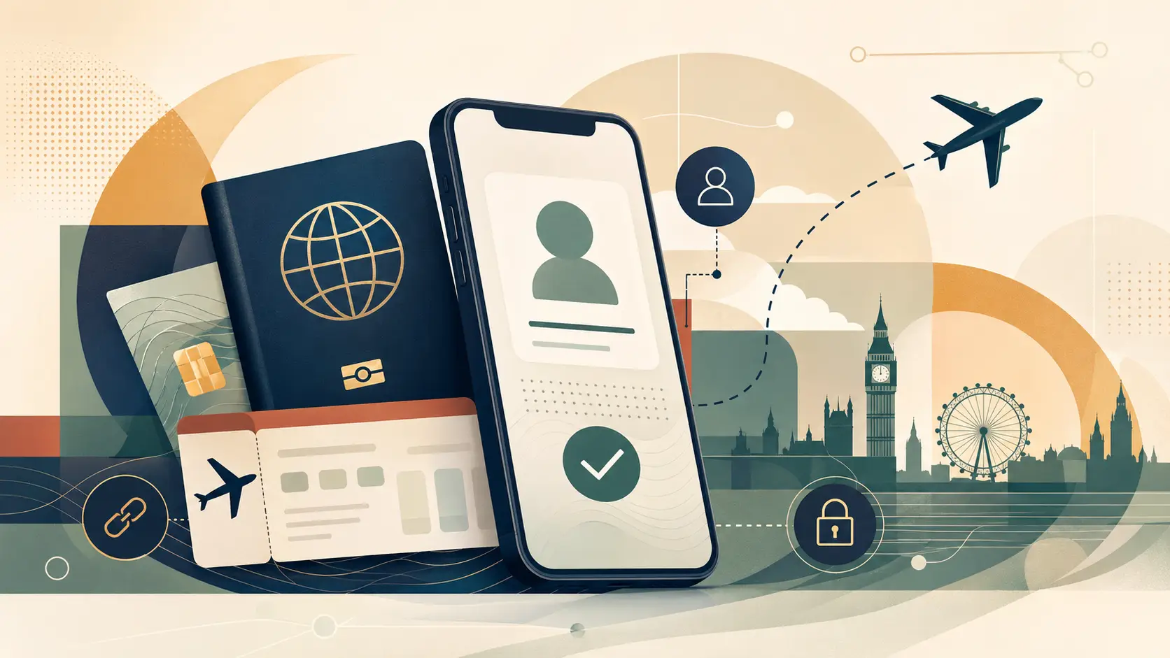 Abstrakti iliustracija apie UK eVisa, pasą, telefoną ir skrydį į Jungtinę Karalystę
